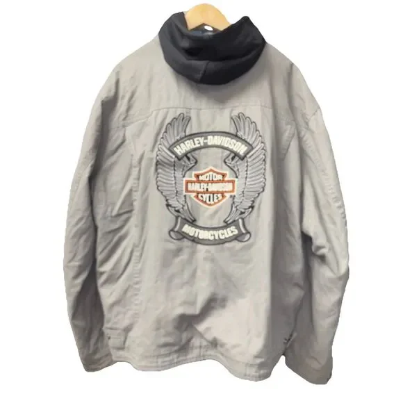 Harley Davidson Jacket Men Coat 2XL Gray Removable Vest Hoodie Embroidered Zip
